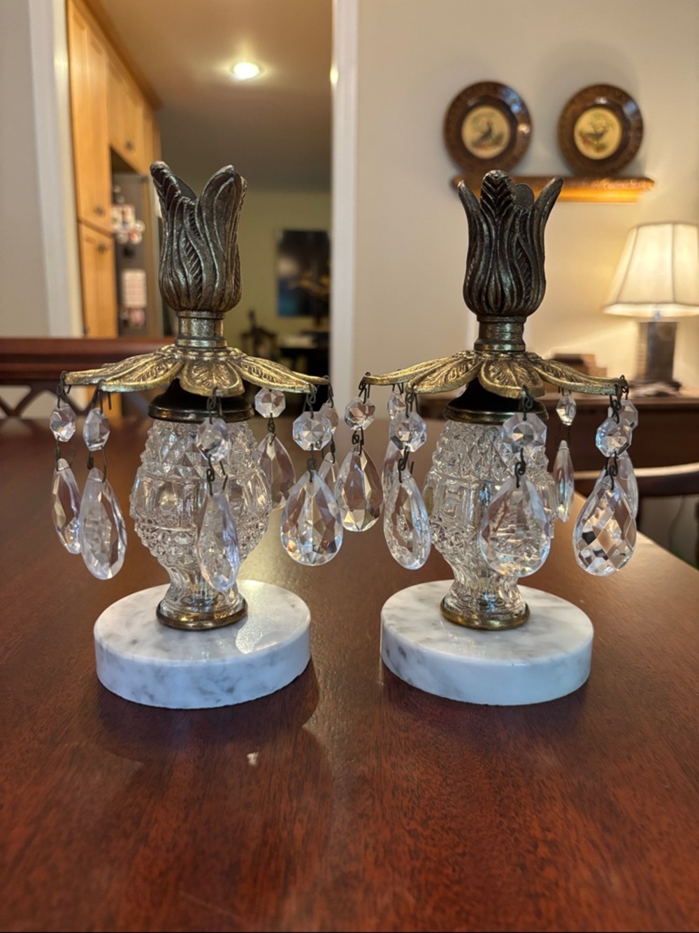 Vintage Hollywood Regency Crystal Brass Marble Candle Holder ITALIAN-PAIR - Picture 4 of 16